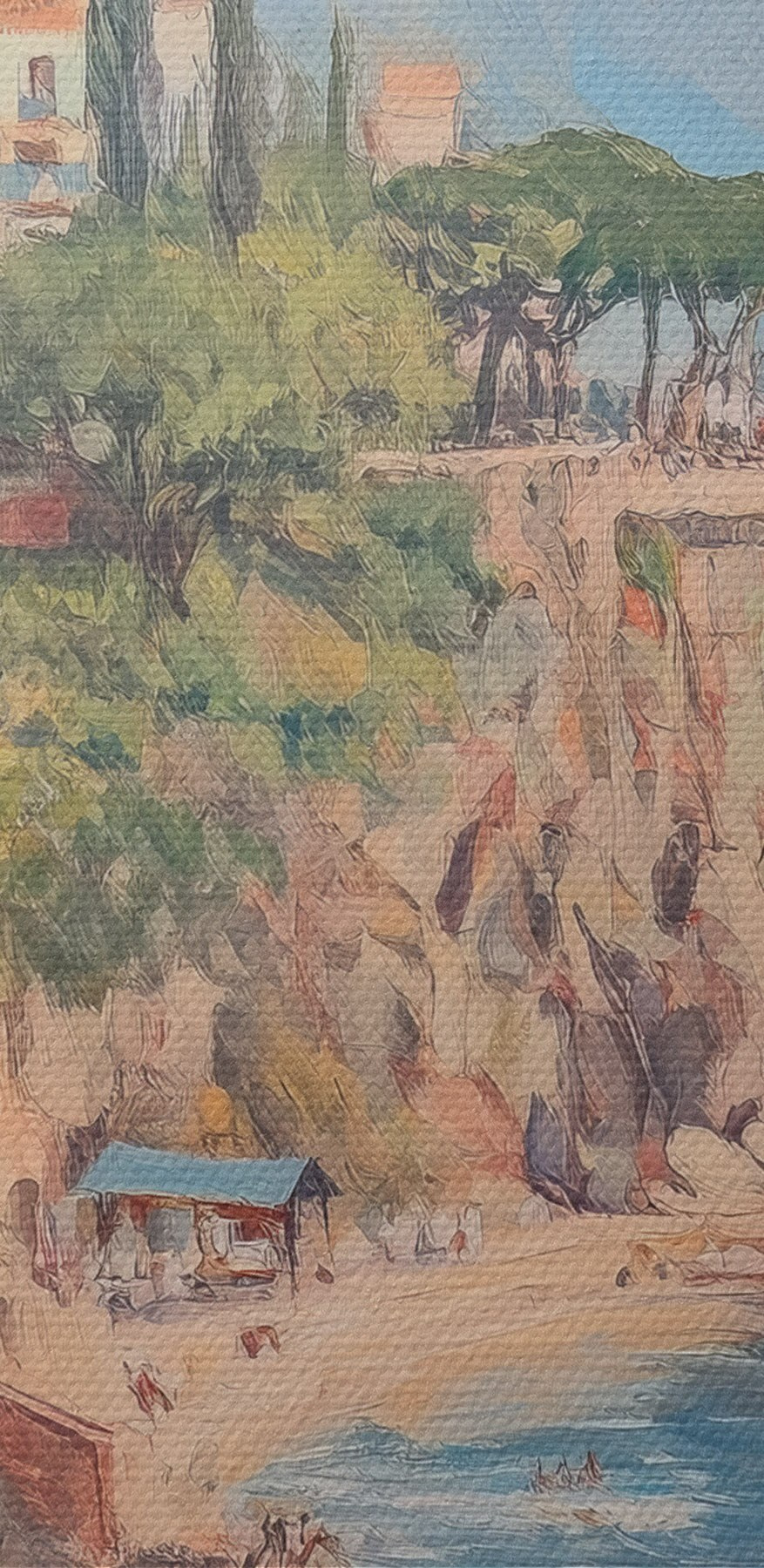 Gemälde einer Stadt auf einer Klippe am Wasser
