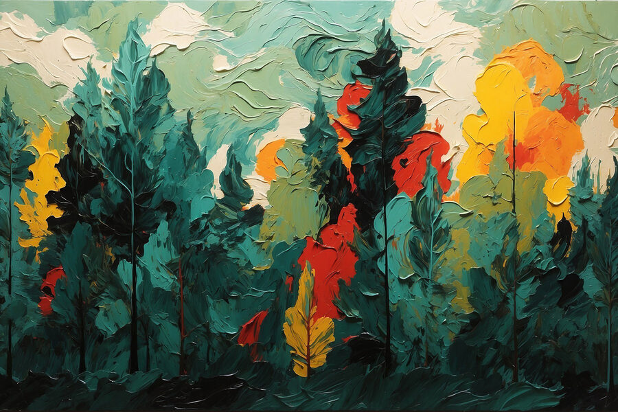 Malerei von Bäumen und Sonne