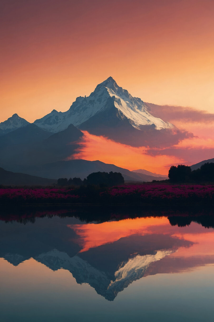Bergkette mit Blumen und einem See