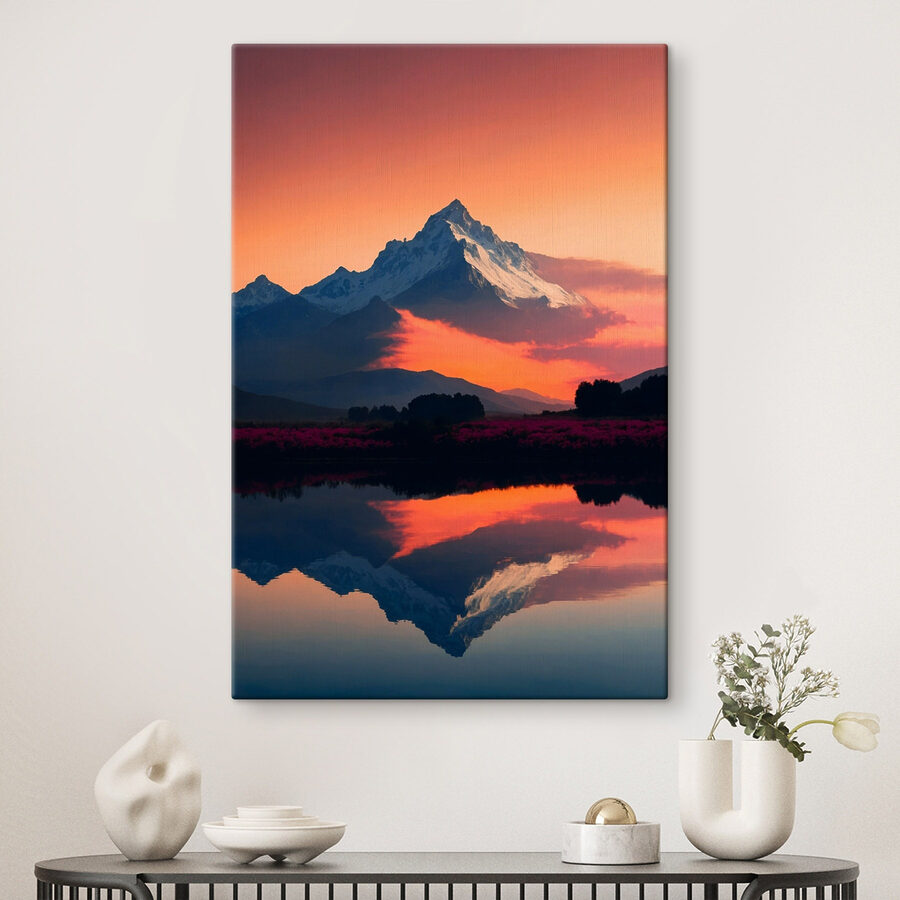 Bergkette mit Blumen und einem See