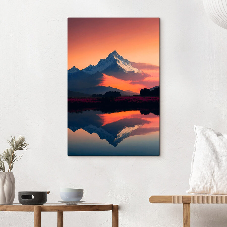 Bergkette mit Blumen und einem See