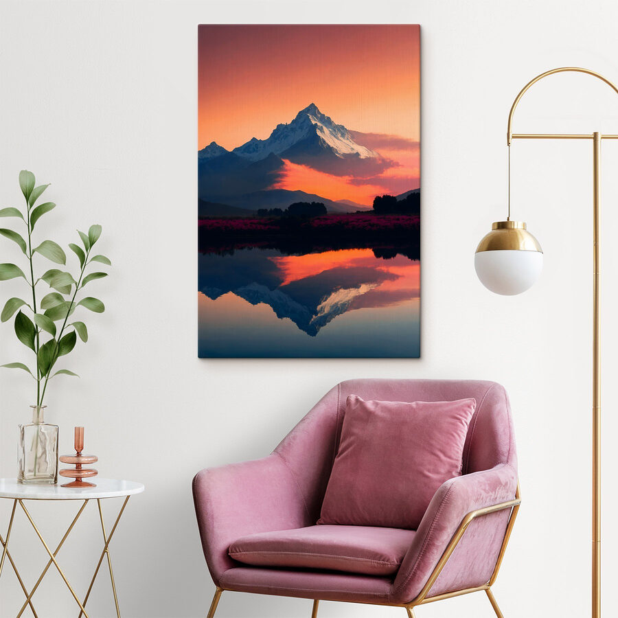 Bergkette mit Blumen und einem See
