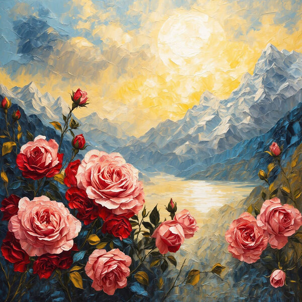 Gemälde von Blumen und Bergen Gemälde von Blumen und Bergen