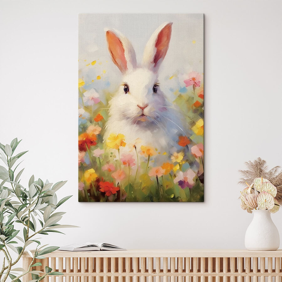 Weißes Kaninchen in einem Blumenfeld Weißes Kaninchen in einem Blumenfeld