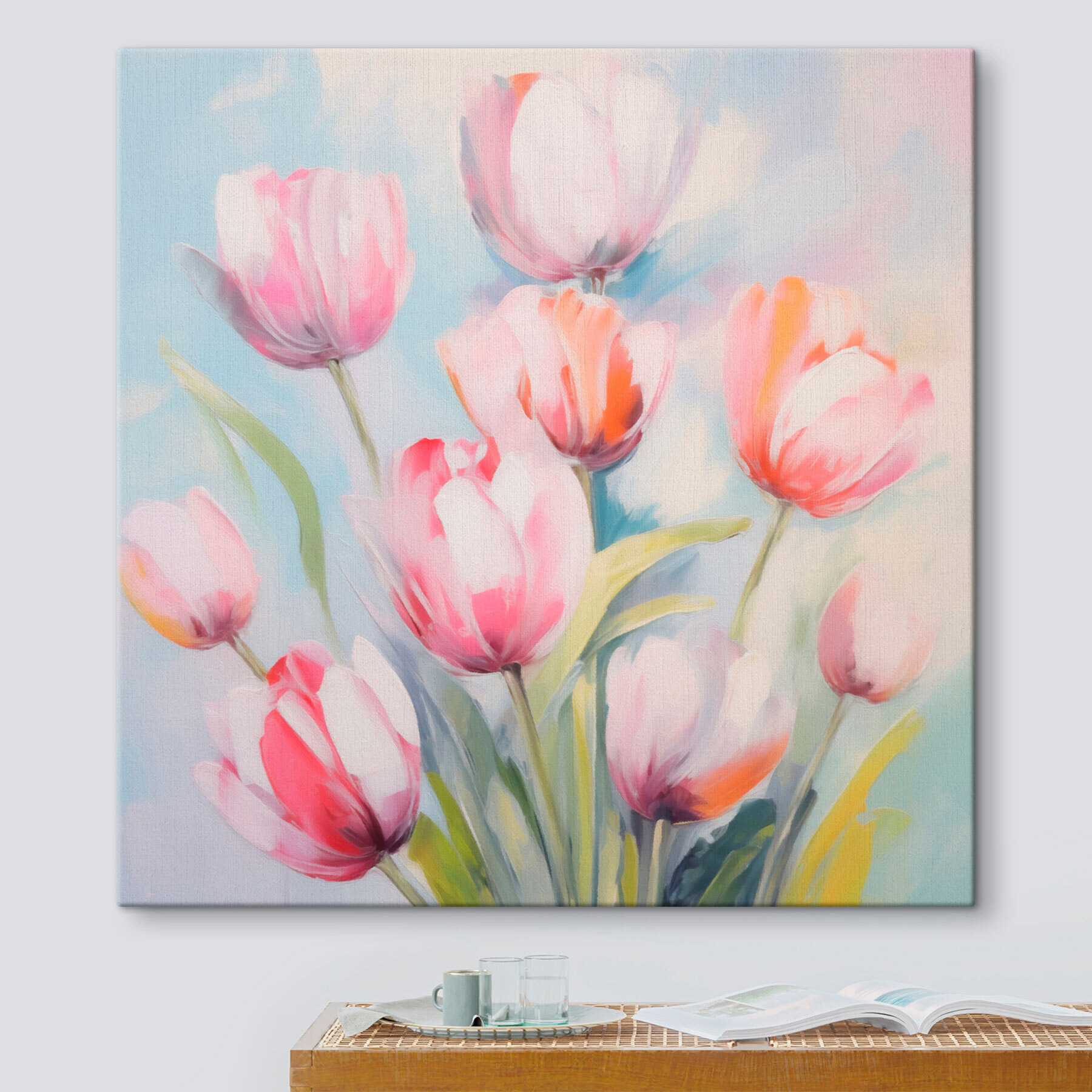 Painting of pink and white tulips Painting of pink and white tulips