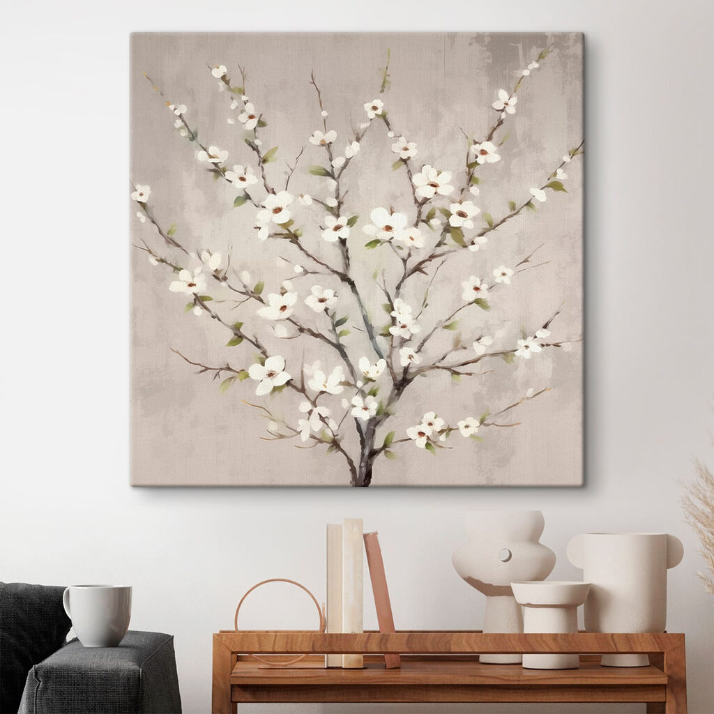 Painting of a tree with white flowers