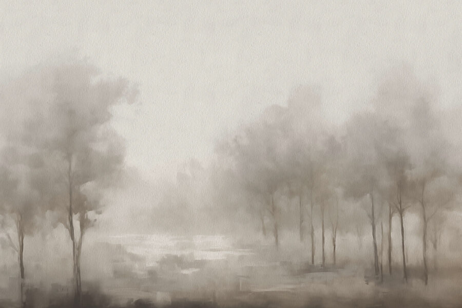 Neblige Landschaft mit Bäumen