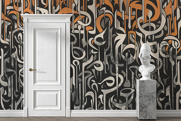 Schwarze und weiße Kunst mit orangefarbenen und weißen Linien Schwarze und weiße Kunst mit orangefarbenen und weißen Linien