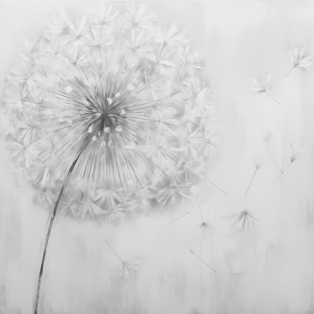 Dandelion flower with seeds flying in the air Dandelion flower with seeds flying in the air