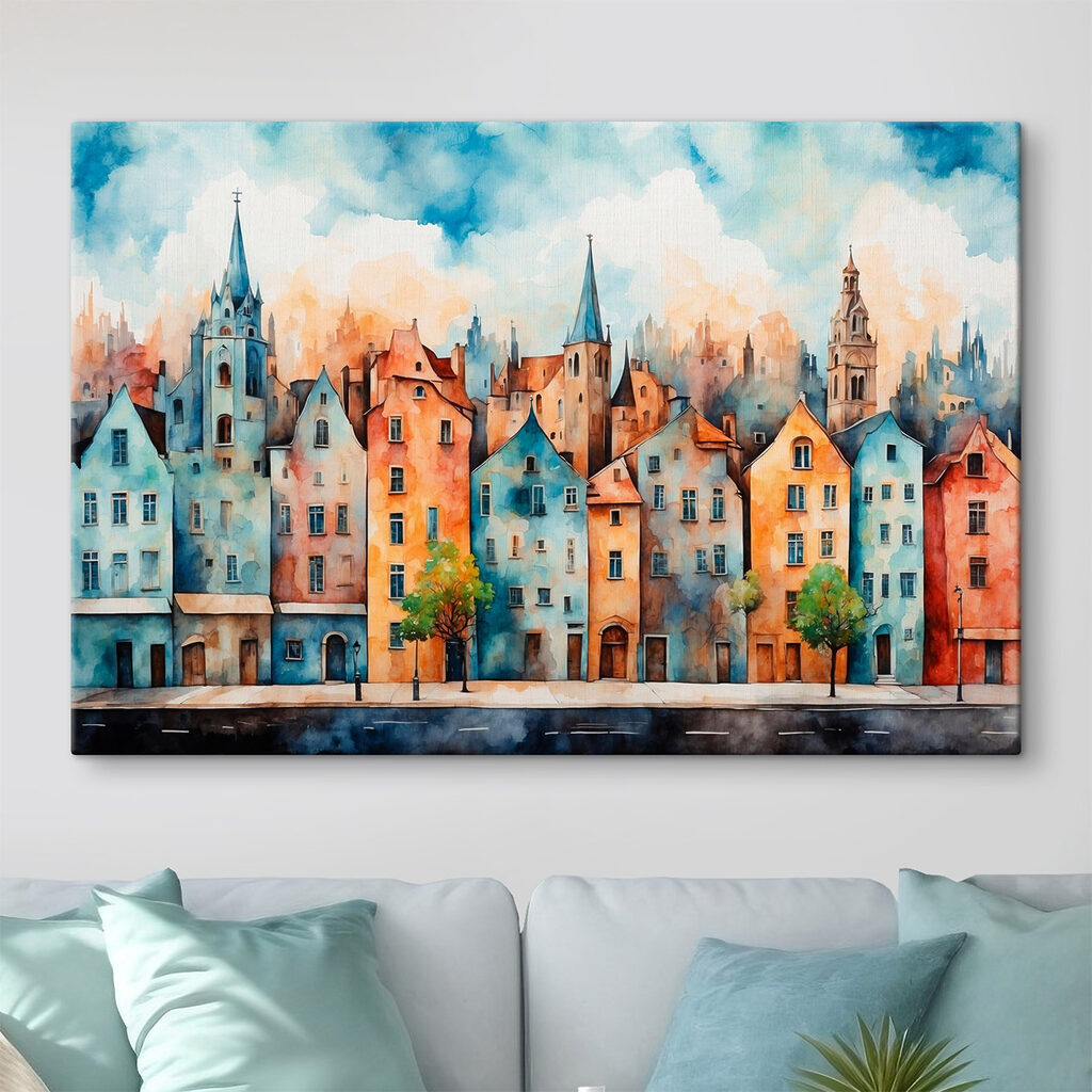 Watercolor of a row of buildings Watercolor of a row of buildings