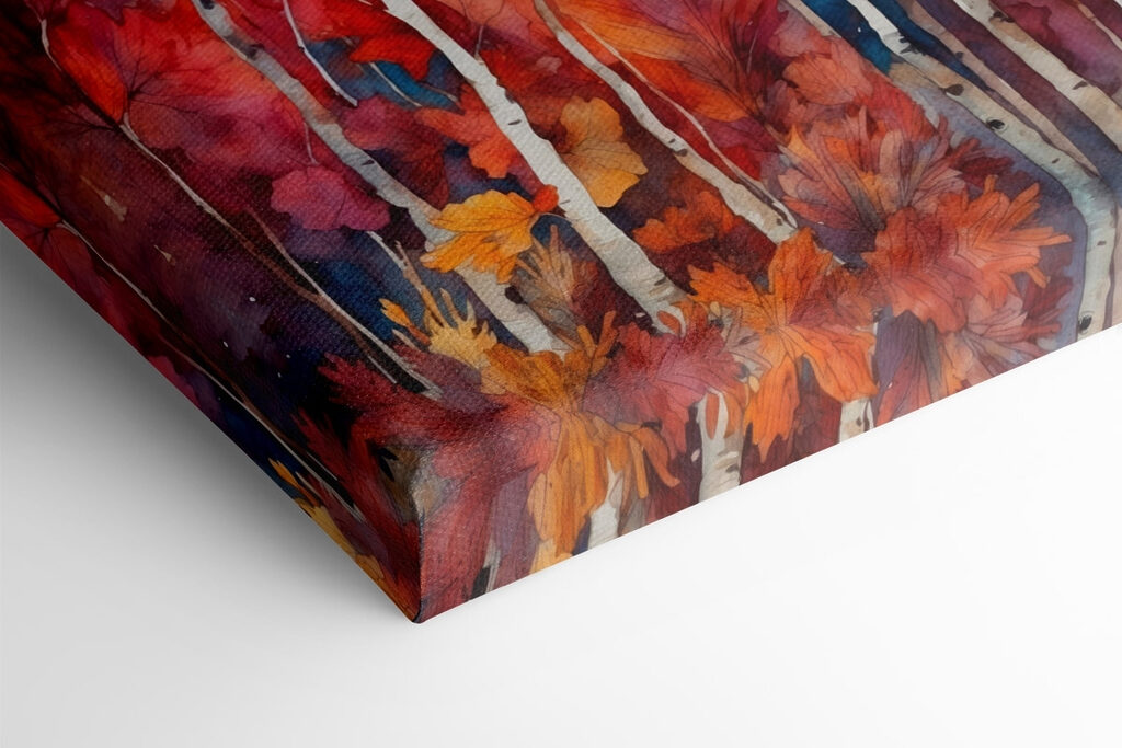 Watercolor painting of trees with orange and purple leaves
