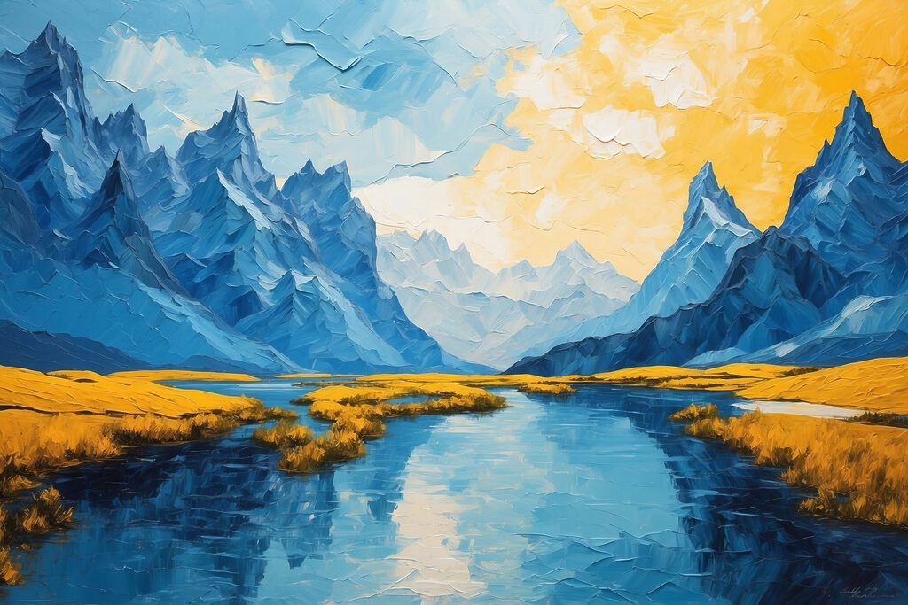 Gemälde eines Flusses mit Bergen und Gras s43449p 1024x683 - Gemälde eines Flusses mit Bergen und Gras - tegory