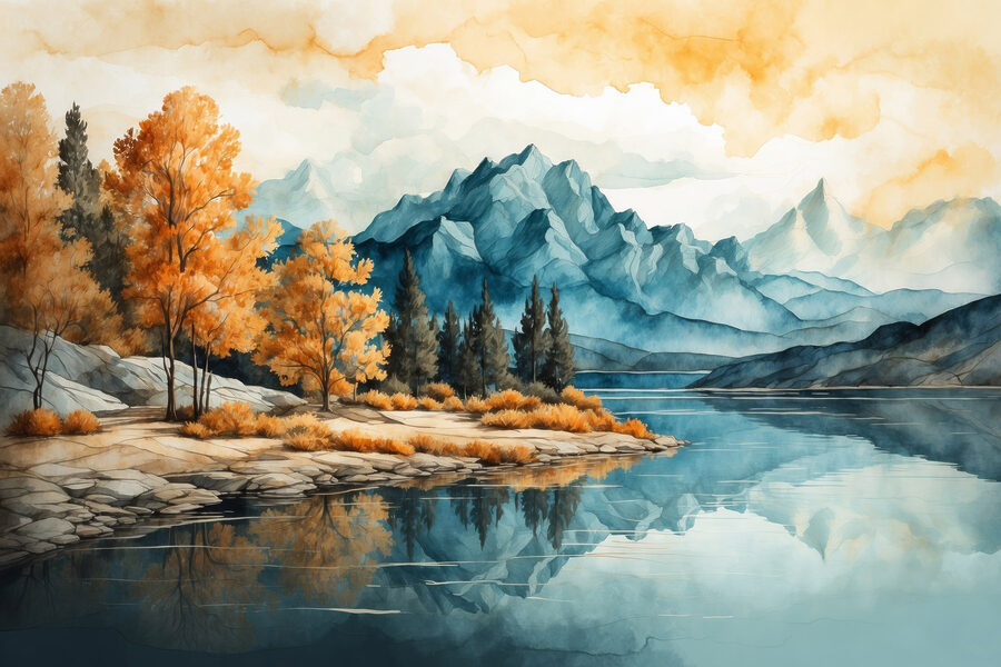 Aquarellmalerei eines Sees mit Bäumen und Bergen