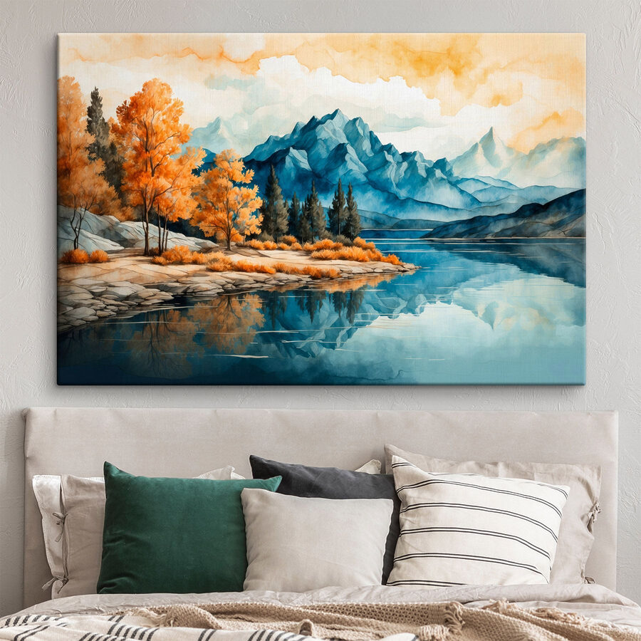 Aquarellmalerei eines Sees mit Bäumen und Bergen