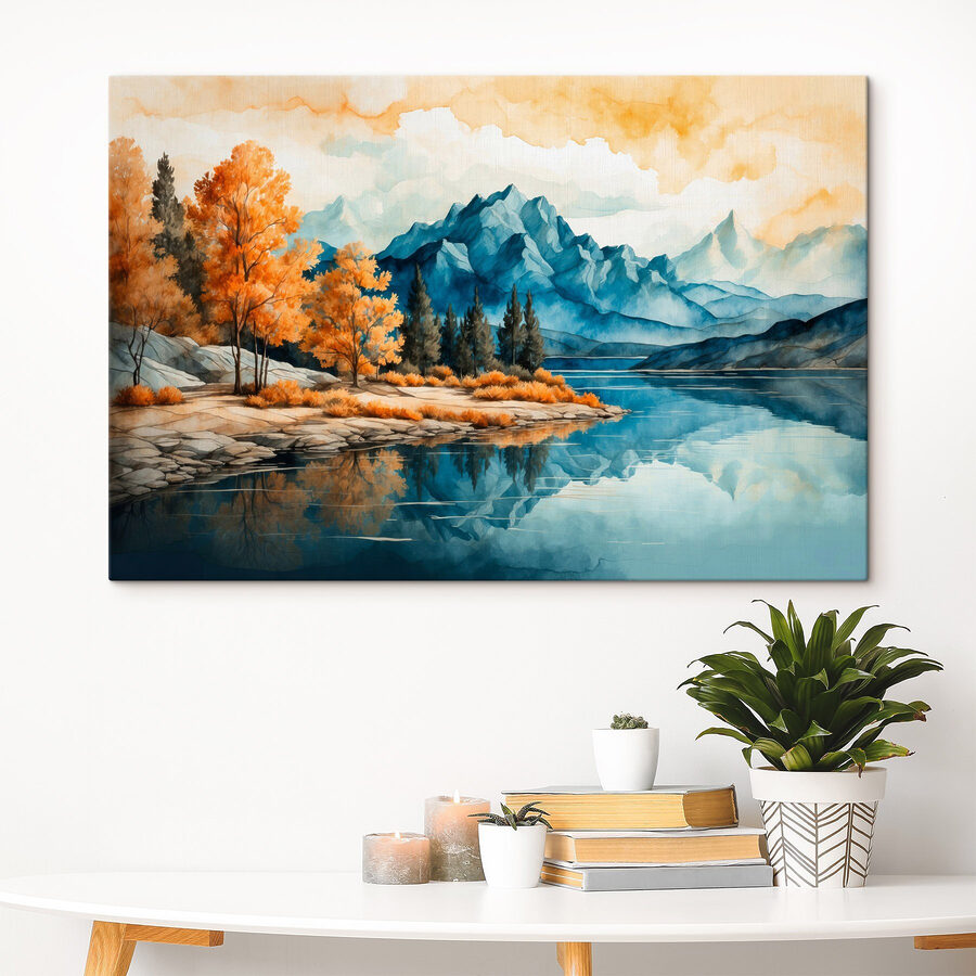 Aquarellmalerei eines Sees mit Bäumen und Bergen