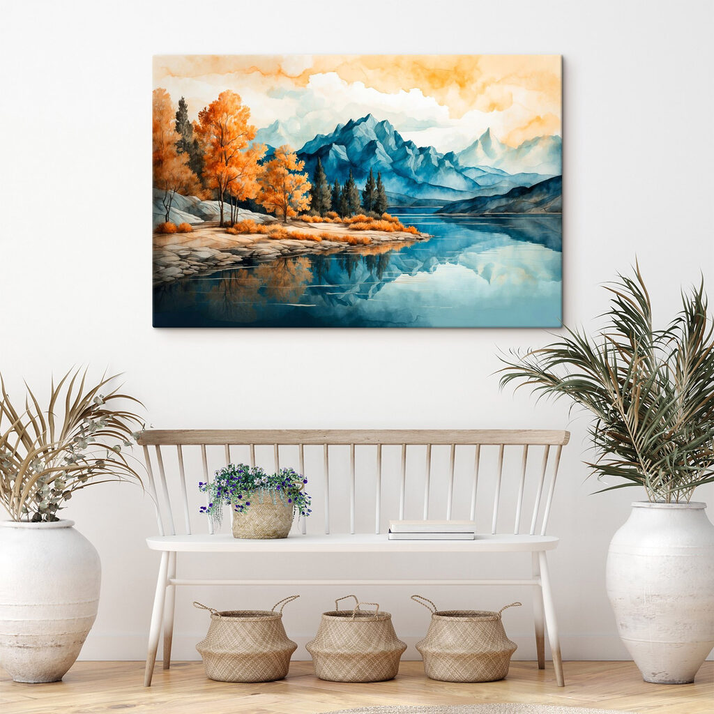Watercolor painting of a lake with trees and mountains
