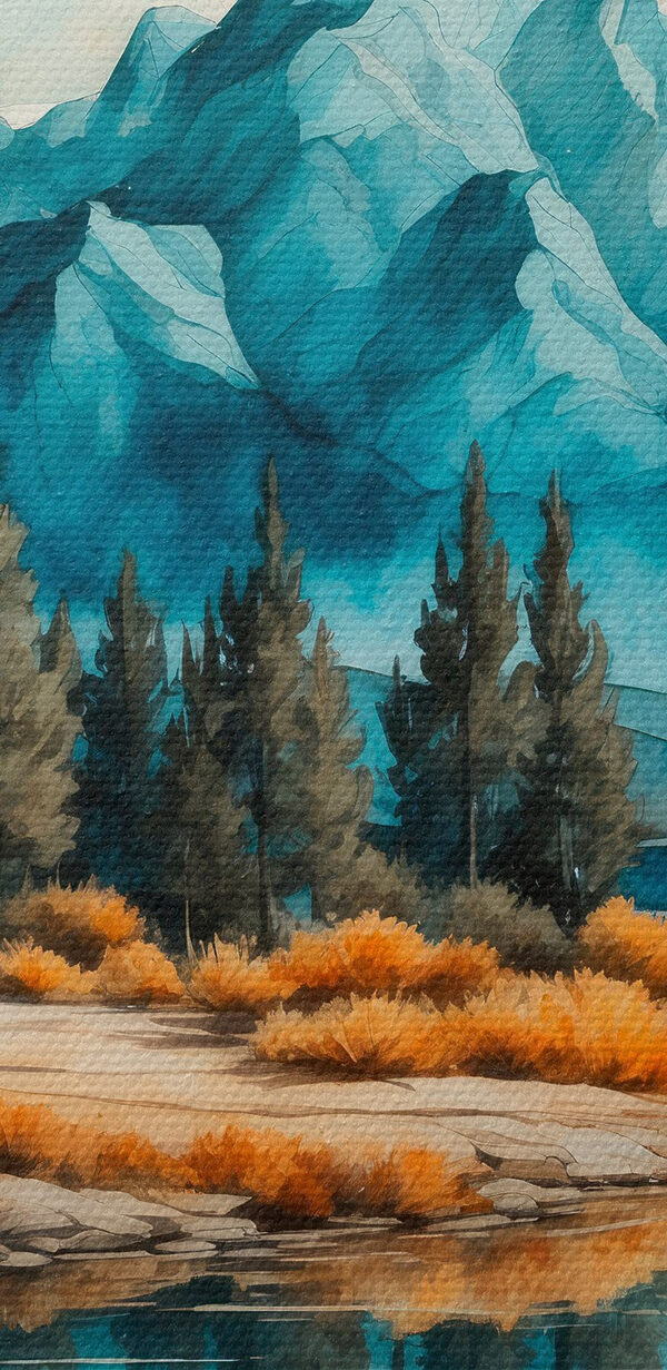 Aquarellmalerei eines Sees mit Bäumen und Bergen Aquarellmalerei eines Sees mit Bäumen und Bergen