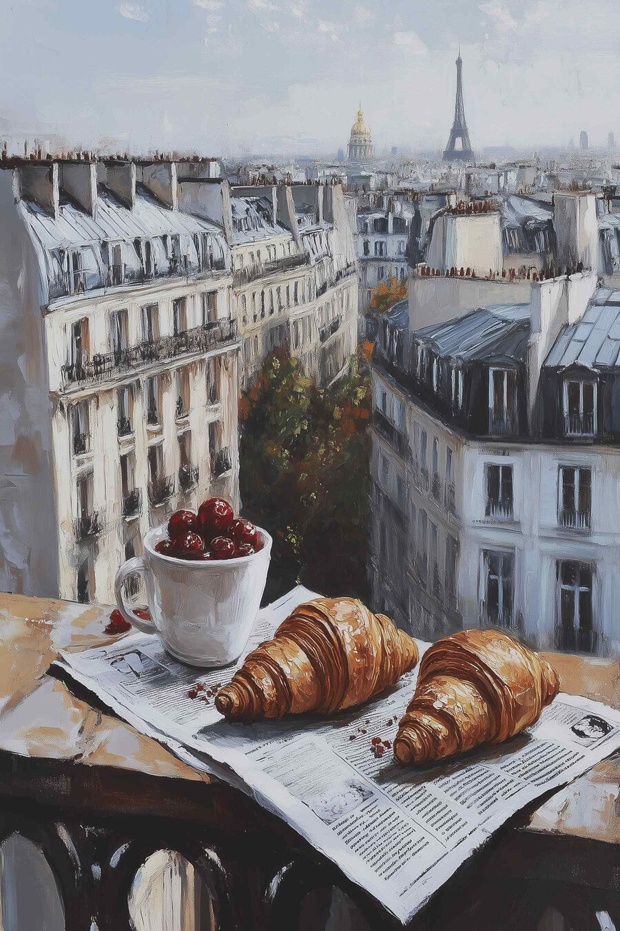 Tasse Kaffee und Croissants auf einem Tisch mit Gebäuden im Hintergrund