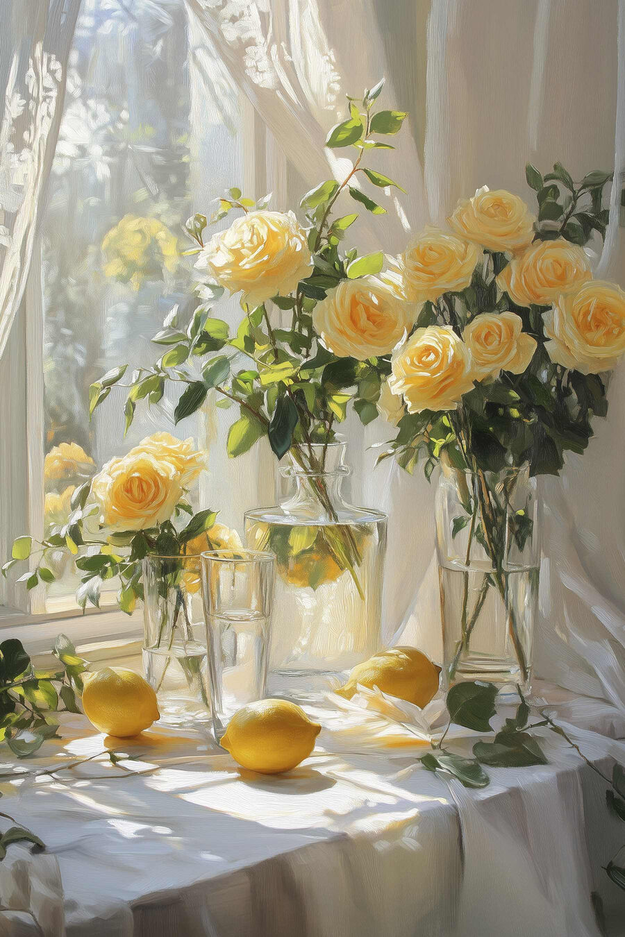 Gelbe Blumen in Vasen mit Zitronen