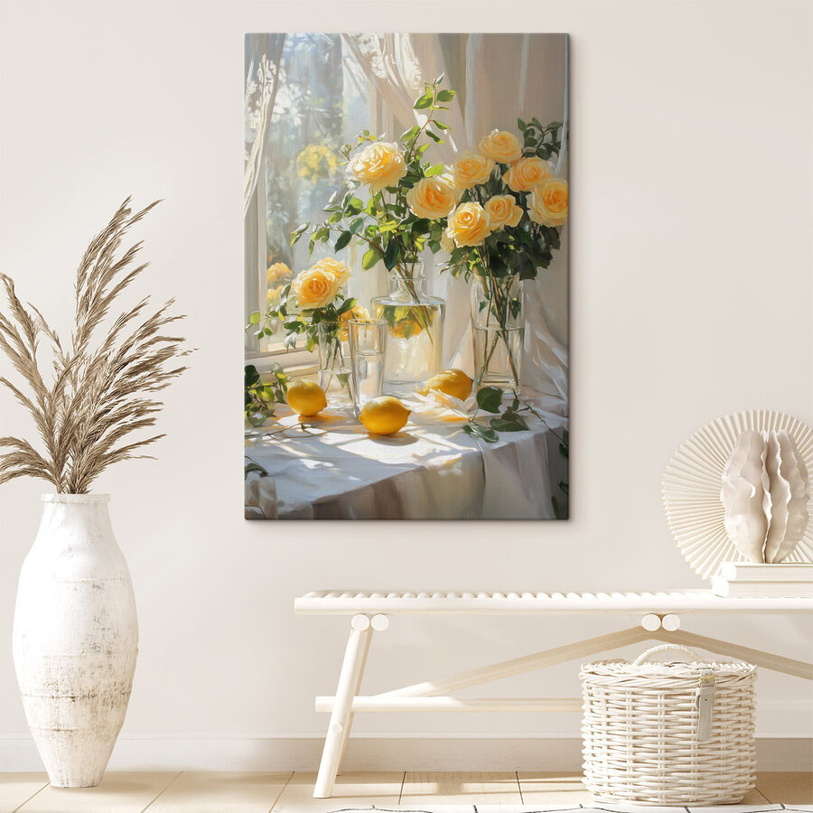 Gelbe Blumen in Vasen mit Zitronen