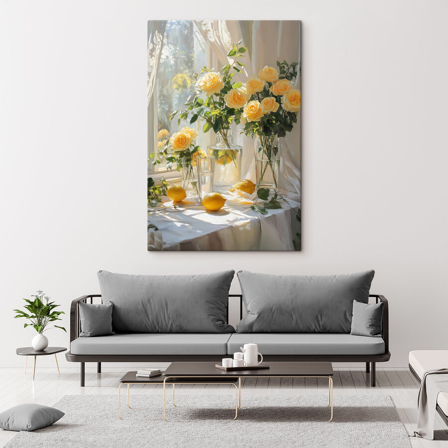 Gelbe Blumen in Vasen mit Zitronen