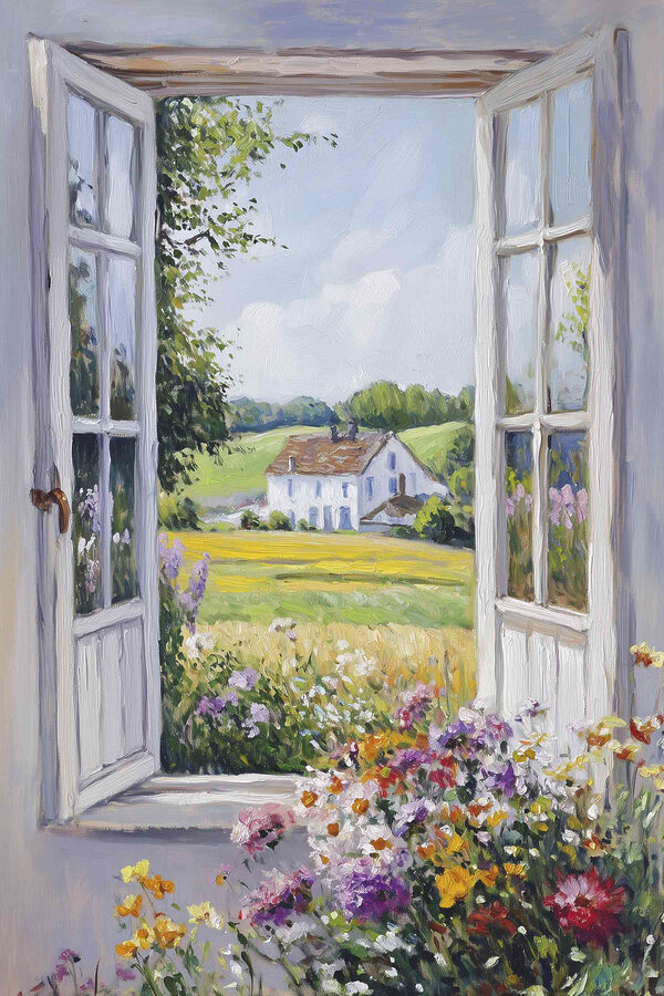 Gemälde eines Hauses durch ein Fenster gesehen Gemälde eines Hauses durch ein Fenster gesehen