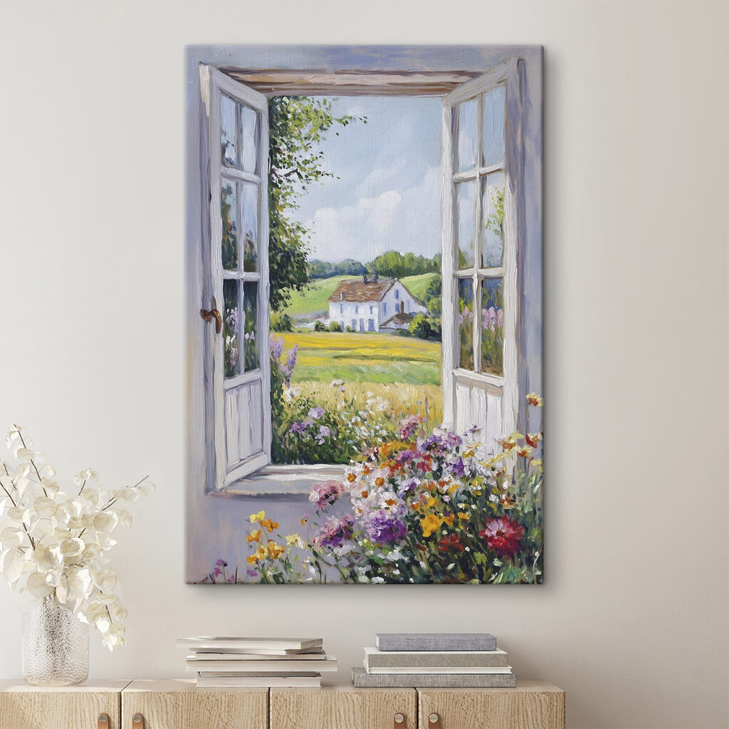 Painting of a house seen through a window Painting of a house seen through a window
