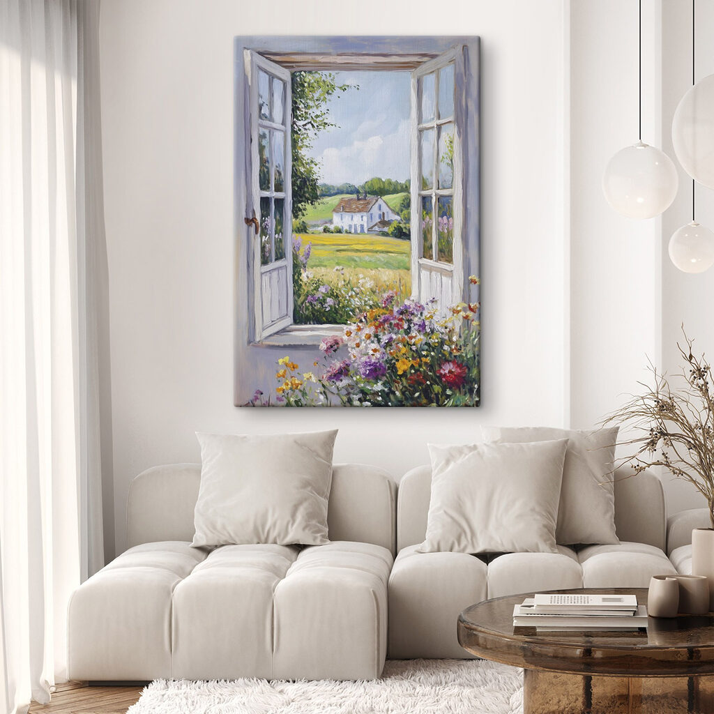 Painting of a house seen through a window Painting of a house seen through a window