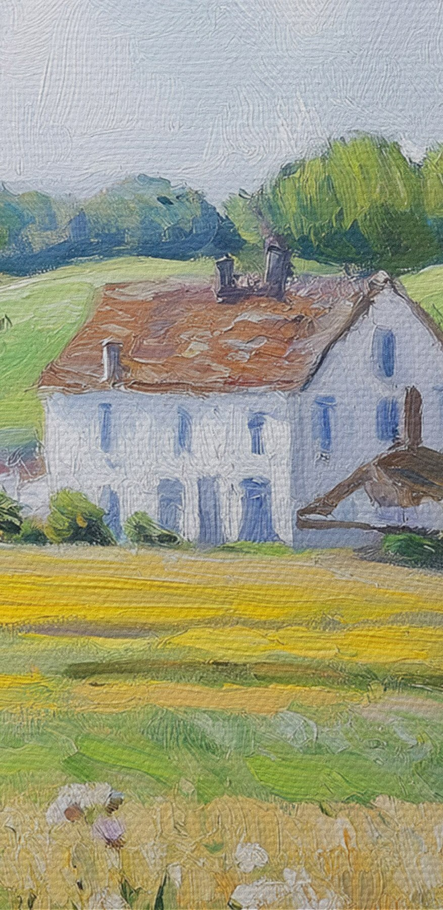 Gemälde eines Hauses durch ein Fenster gesehen