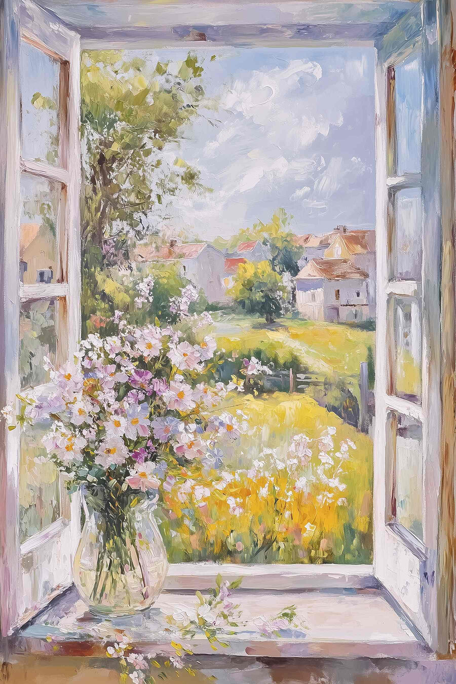 Gemälde eines Fensters mit Blumen darin