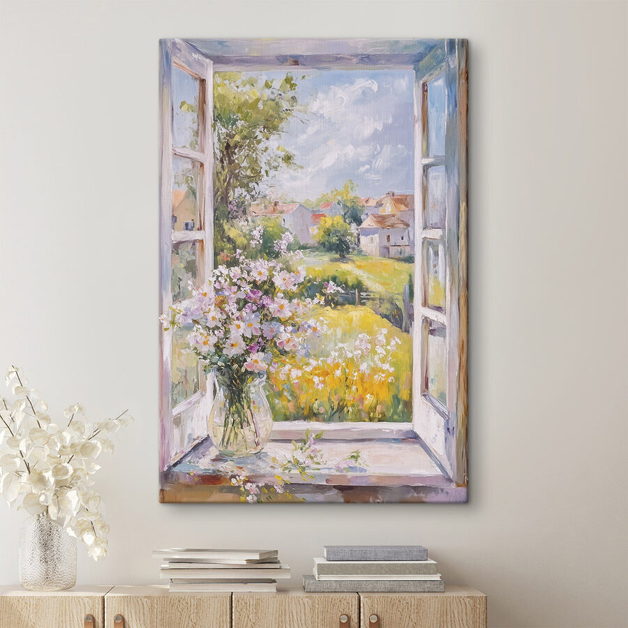 Gemälde eines Fensters mit Blumen darin