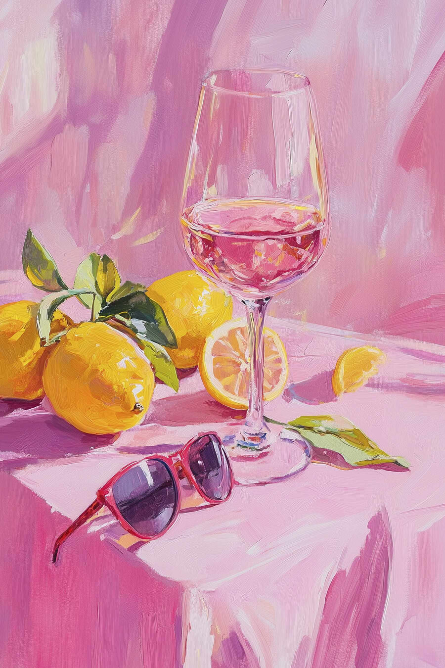Ein Glas Wein neben Zitronen und Sonnenbrille