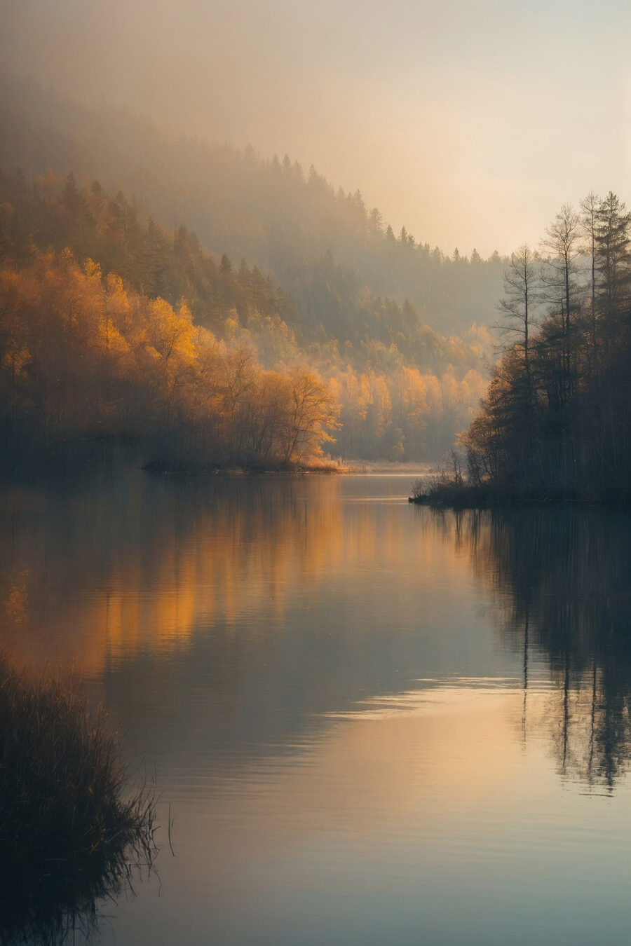 See mit Bäumen und Bergen im Hintergrund See mit Bäumen und Bergen im Hintergrund