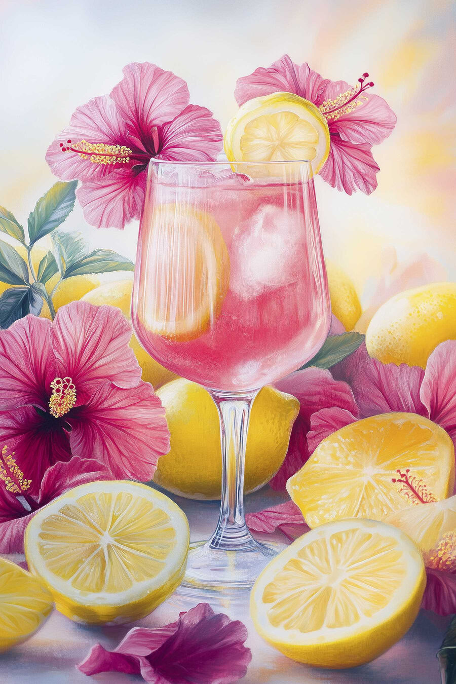 Glas mit rosa Getränk mit Zitronen und Blumen Glas mit rosa Getränk mit Zitronen und Blumen