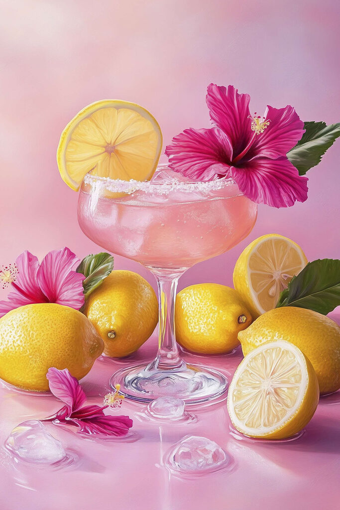 Glass with pink drink and lemons