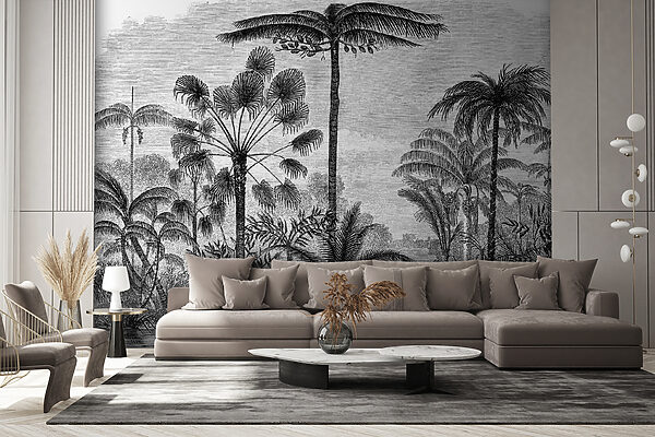 Black and white drawing of palm trees