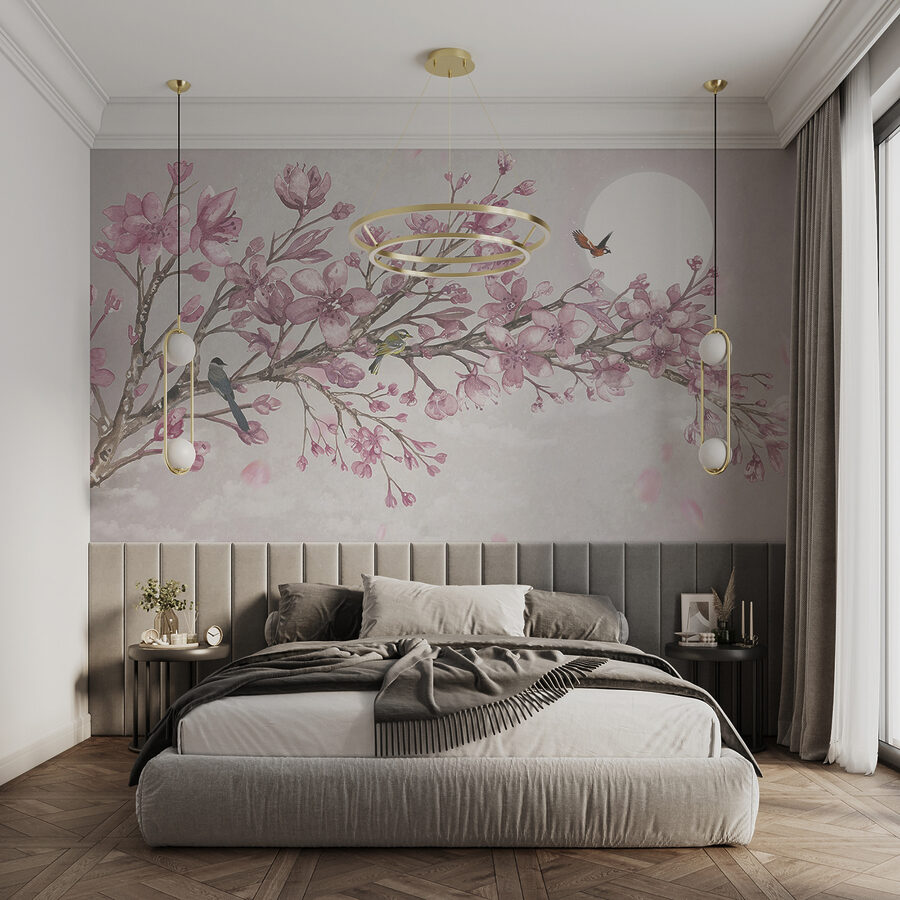 Gemälde eines Zweigs mit rosa Blumen und Vögeln