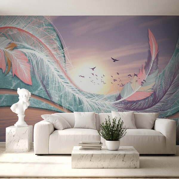 Bunte Federn und Vögel, die über Wasser fliegen Bunte Federn und Vögel, die über Wasser fliegen