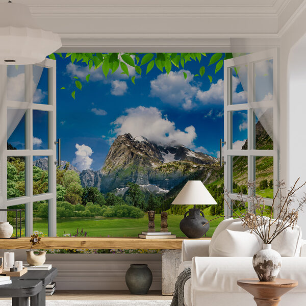 Fenster mit Blick auf eine Bergkette und Bäume Fenster mit Blick auf eine Bergkette und Bäume