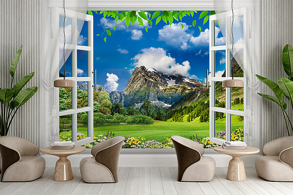 Fenster mit Blick auf eine Bergkette und Bäume Fenster mit Blick auf eine Bergkette und Bäume