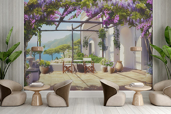 Terrasse mit lila Blumen und Pflanzen Terrasse mit lila Blumen und Pflanzen