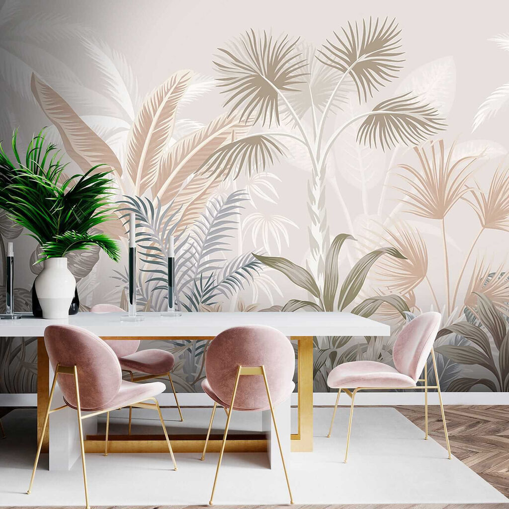 Tropical leaves in soft pastel hues