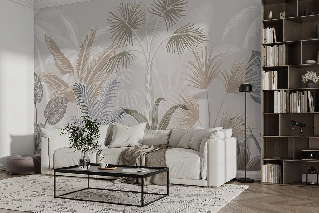 Tropical leaves in soft pastel hues