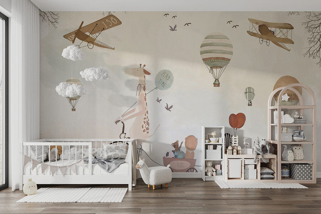 Mural of animals riding a train