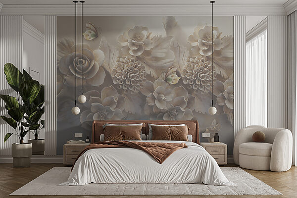 Group of white flowers and butterflies Group of white flowers and butterflies