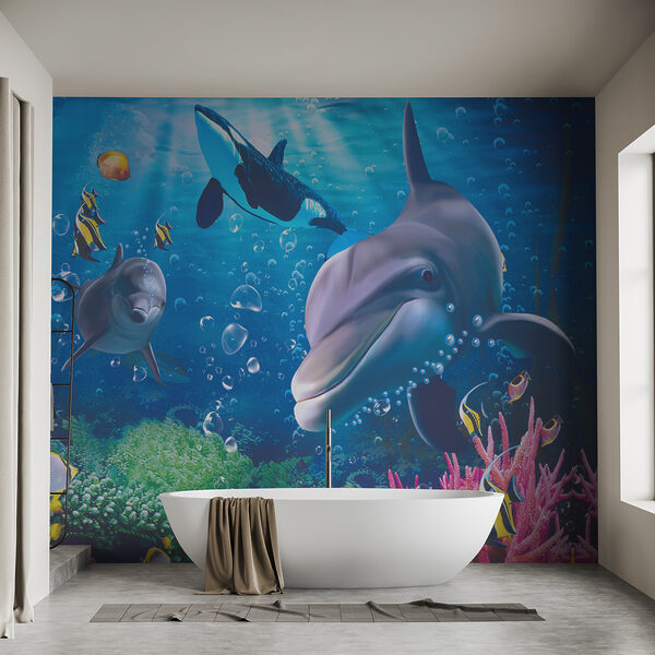 Eine Gruppe von Fischen schwimmt im Wasser Eine Gruppe von Fischen schwimmt im Wasser