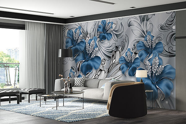 Silberne und blaue Blumen auf einem silbernen und schwarzen Hintergrund Silberne und blaue Blumen auf einem silbernen und schwarzen Hintergrund