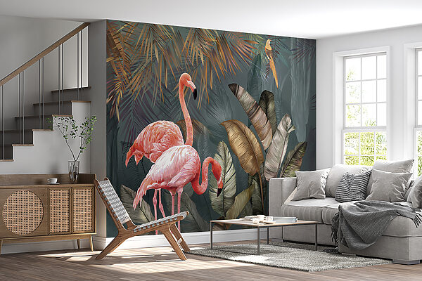 Rosa Flamingos und ein Vogel in einem Wald Rosa Flamingos und ein Vogel in einem Wald