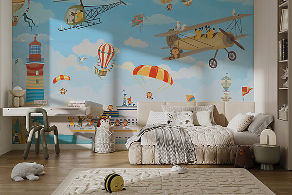 Cartoon animals flying over a boat