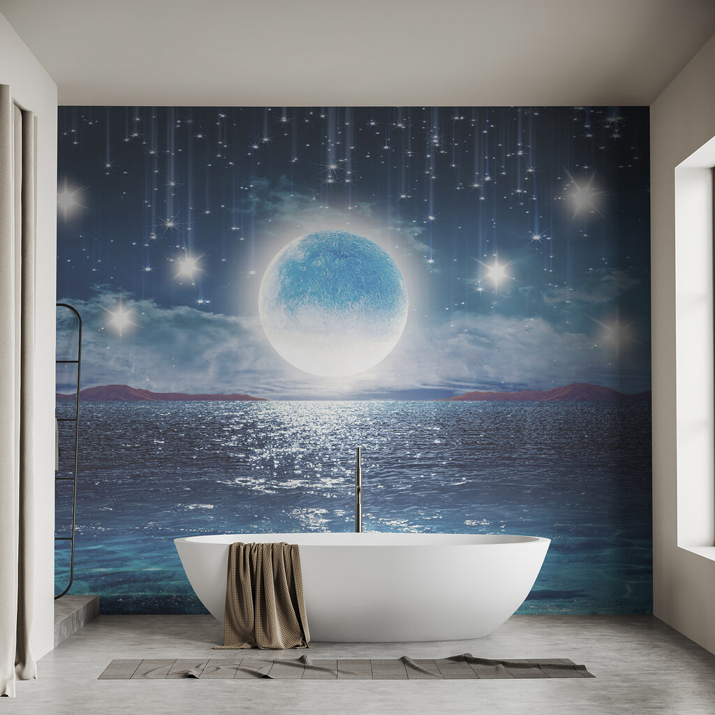 Moon over water with stars and clouds